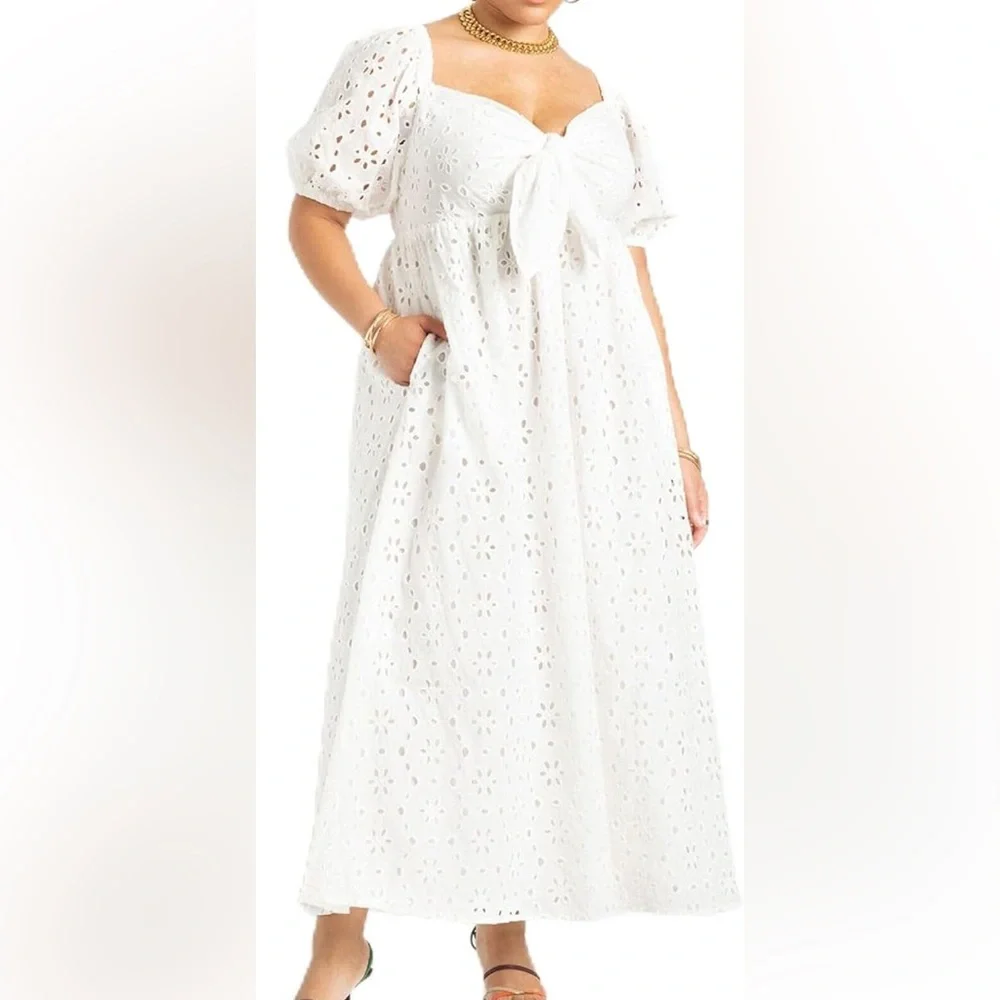 ELOQUII White Eyelet Cotton Tie Front Maxi Dress